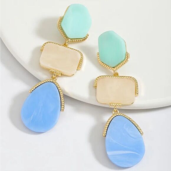 New ZARA earrings with Dangling Stones Geometric Modern Green Pink Blue - Picture 3 of 9